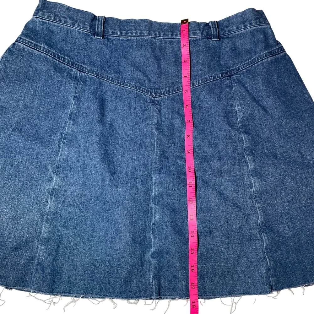 Orvis Womens Blue Denim Mini‎ Skirt High Rise Raw Hem Elastic Back 14P Med Wash